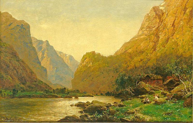 Carl jun. Oesterley Romantische Flusslandschaft mit Personenstaffage an einem prachtvollen Sommertag Spain oil painting art